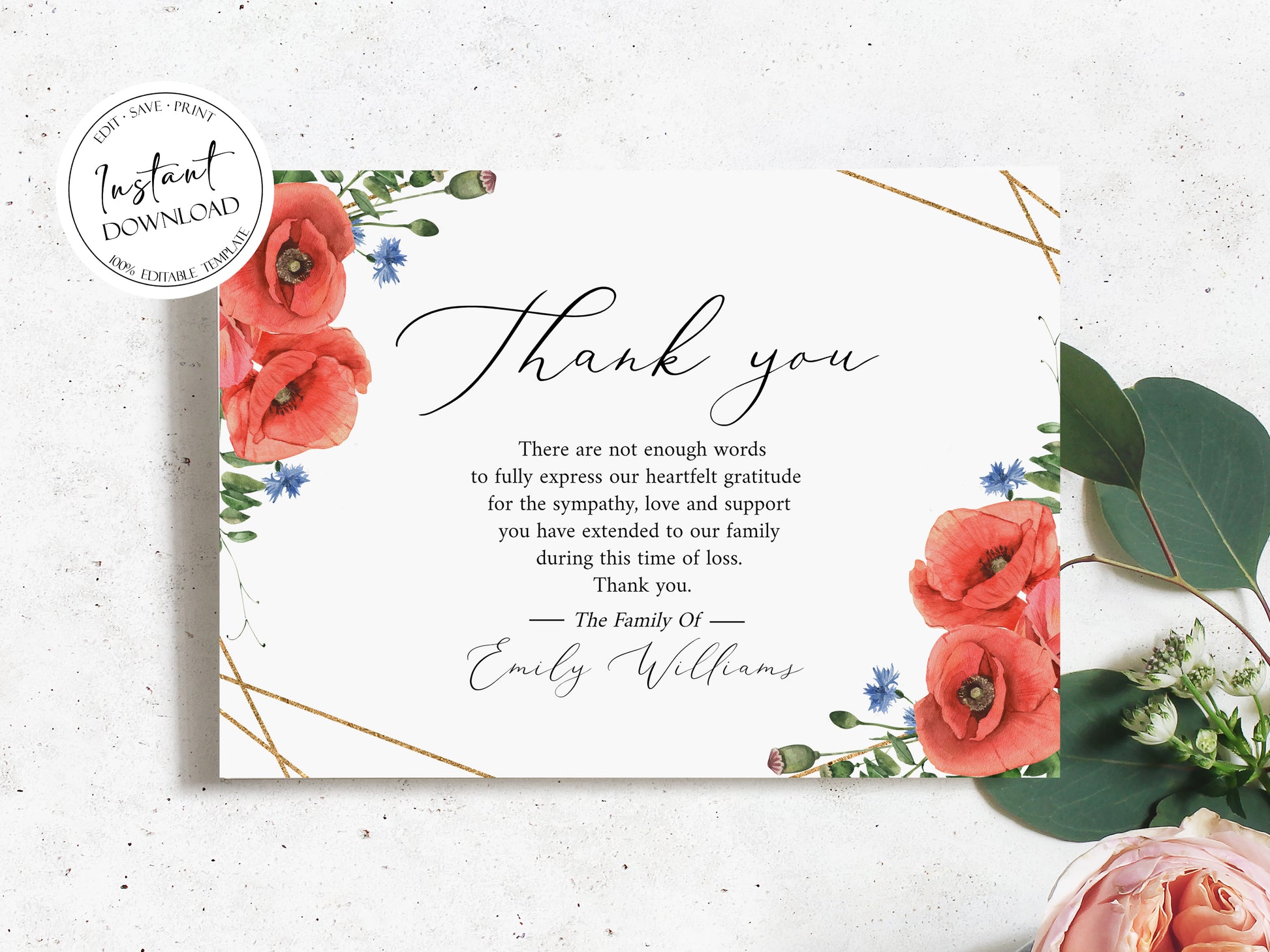 Celebration of life Red Poppies Greenery Funeral Thank You Card Template, Celebration of life Printable Red Poppies Funeral Thank You Cards Red Poppies Sympathy Card