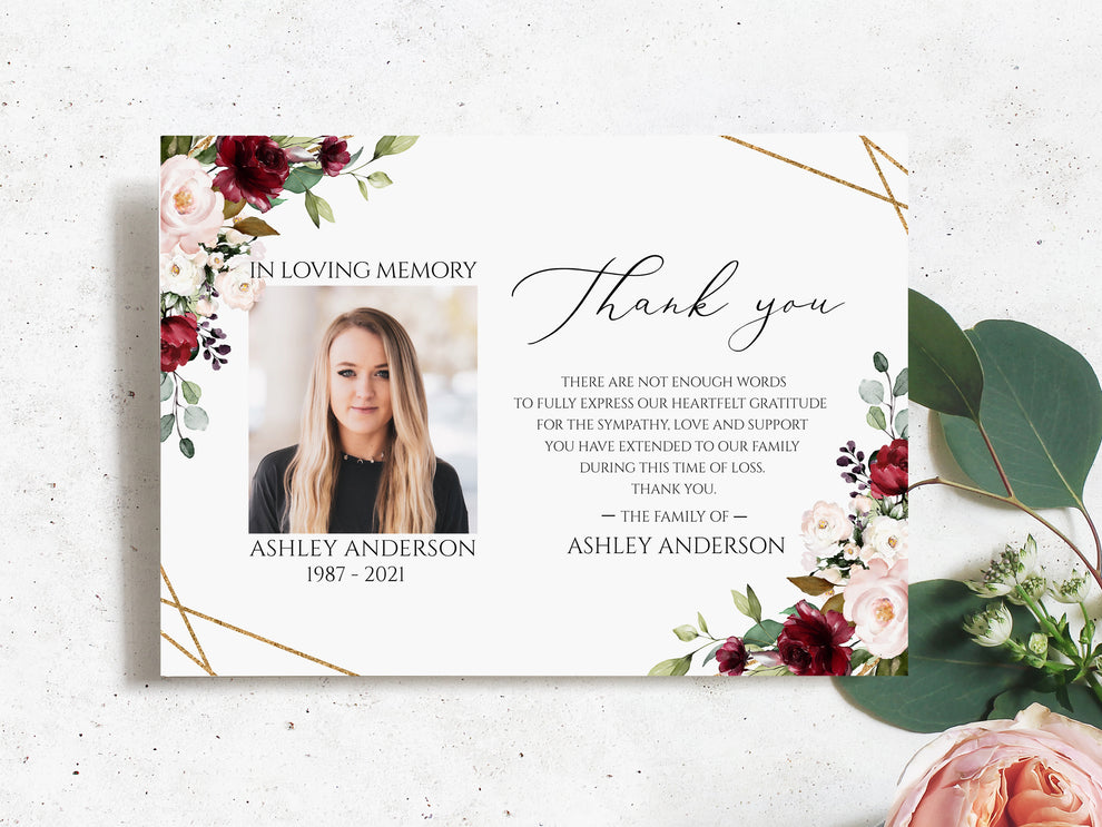Celebration of life Red Roses Funeral Photo Thank You Card Template R1 ...