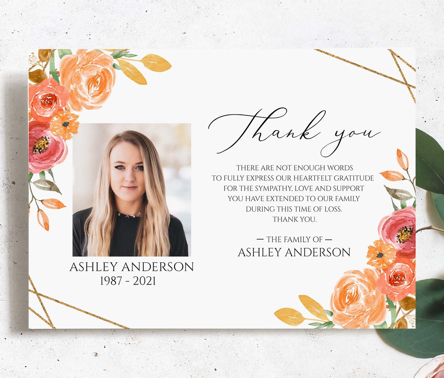 Celebration of life Orange Floral Gold Fall Funeral Photo Thank you Card Template F2