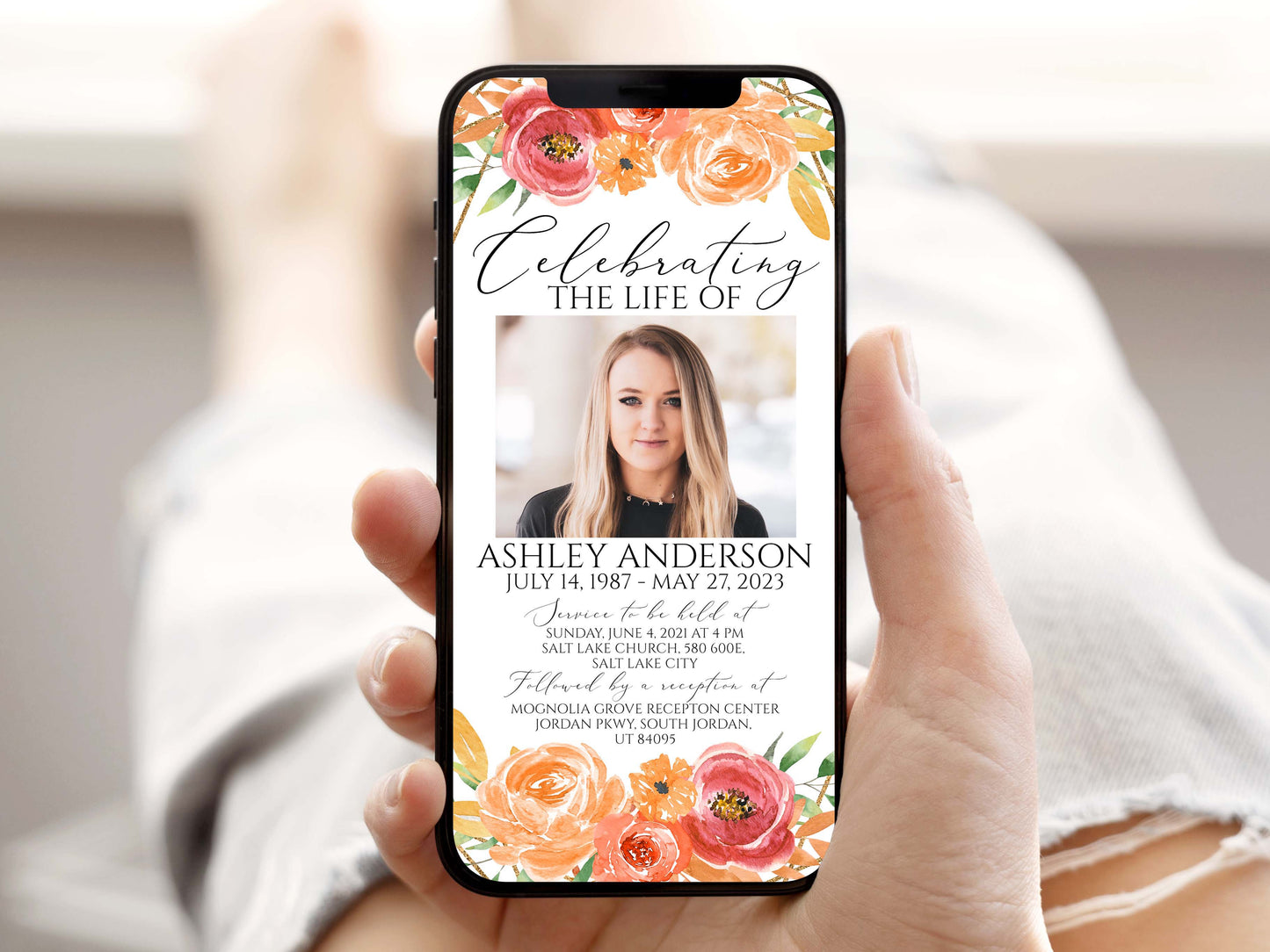 Celebration of life White Pink Roses Digital Funeral Invitation Template, Autumn Memorial Evite, Fall Electronic Funeral Invite, Orange Memorial Invitation