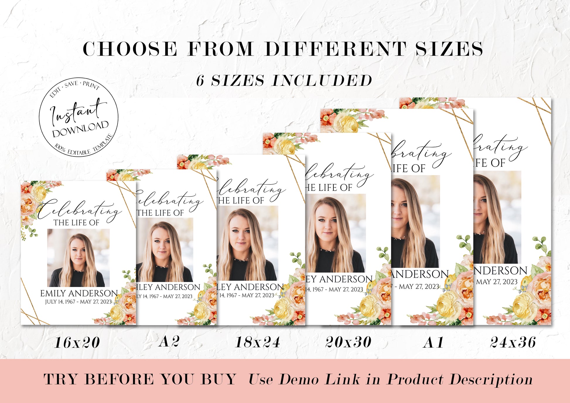 Celebration Of Life Elegant Yellow Pink Floral Funeral Welcome Sign Template, Elegant Yellow Pink Floral Memorial Sign, Editable Elegant Yellow Pink Floral Funeral Poster