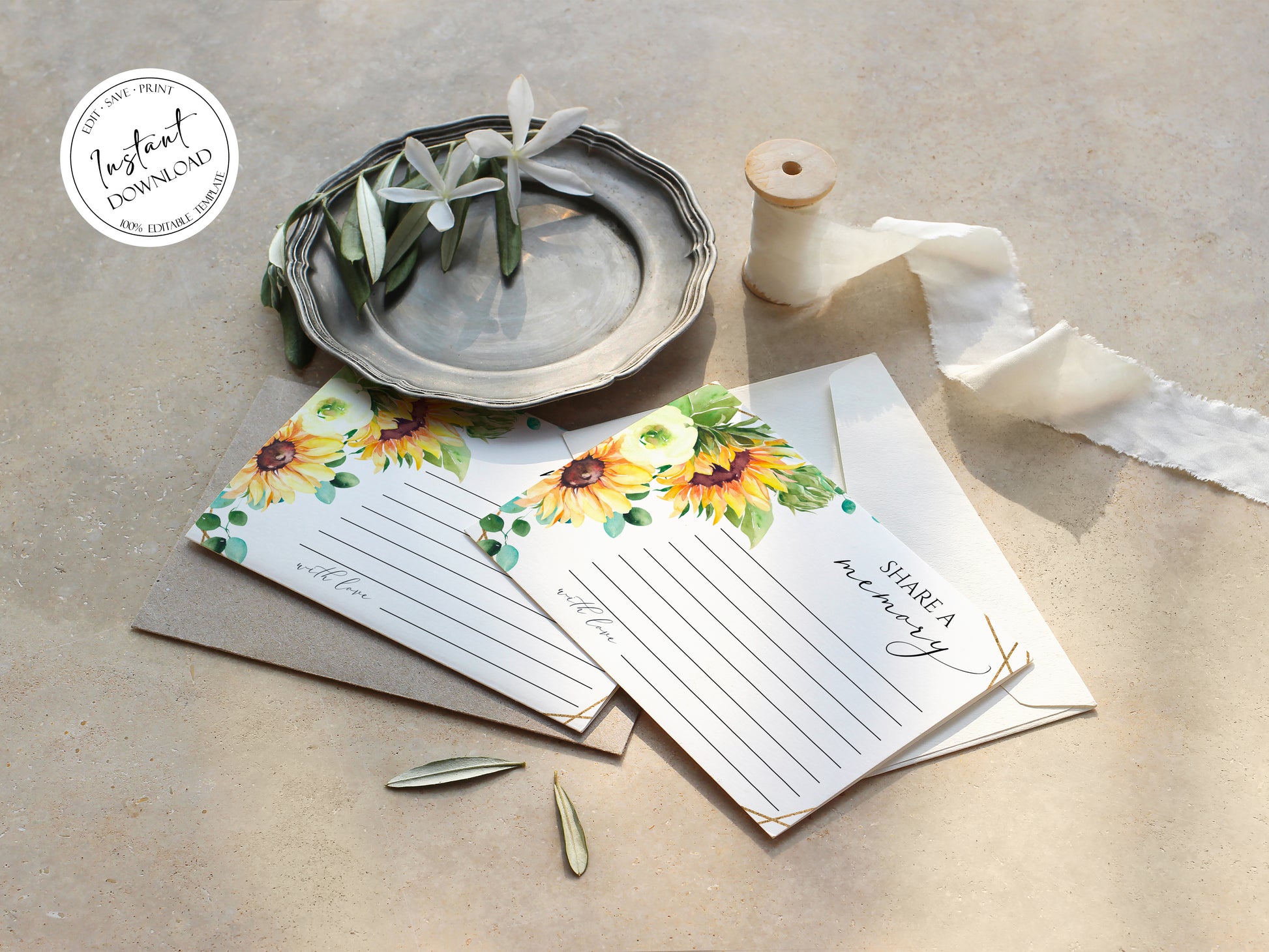 Celebration Of Life Sunflower Share a Memory Funeral Sign and Share a Memory Card Template, Funeral Memory Card, Sunflower Funeral Card Template