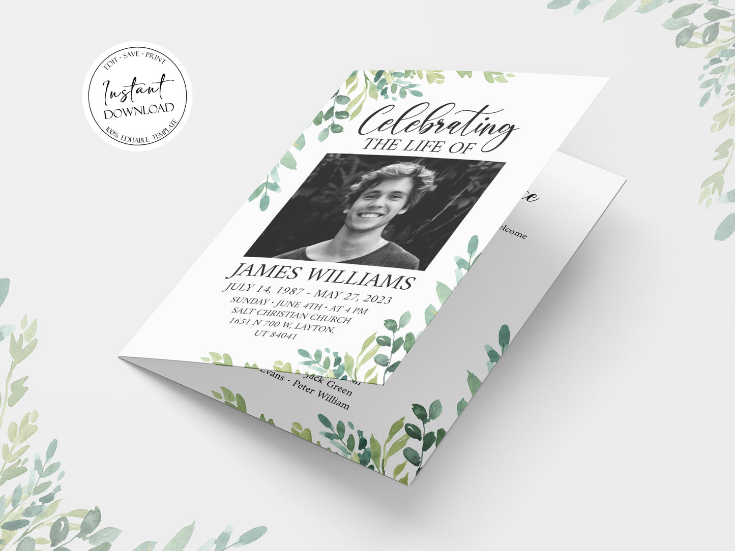 11x17 Celebration of life Watercolor Greenery Funeral Program Template G2, Template Memorial Program, Funeral Brochure, Obituary Program, Editable Funeral Program Template