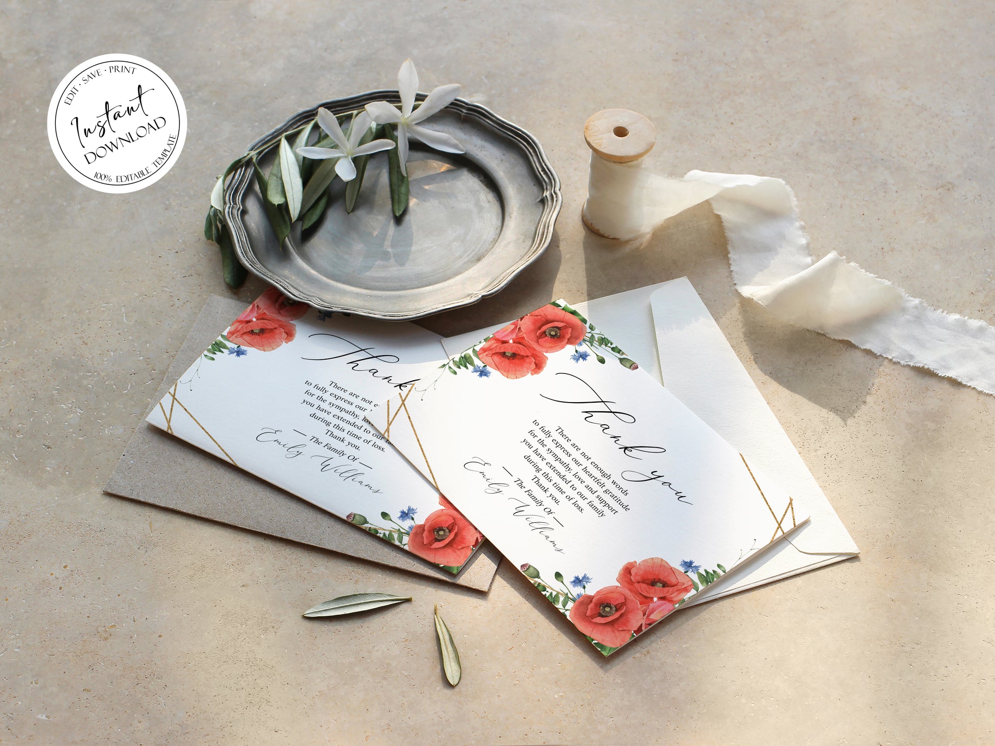 Celebration of life Red Poppies Greenery Funeral Thank You Card Template, Celebration of life Printable Red Poppies Funeral Thank You Cards Red Poppies Sympathy Card