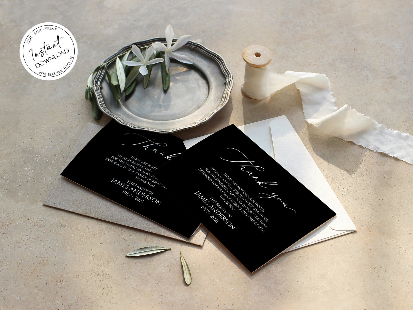 Celebration of life Minimalist Elegant Black Funeral Thank you Card Template B7