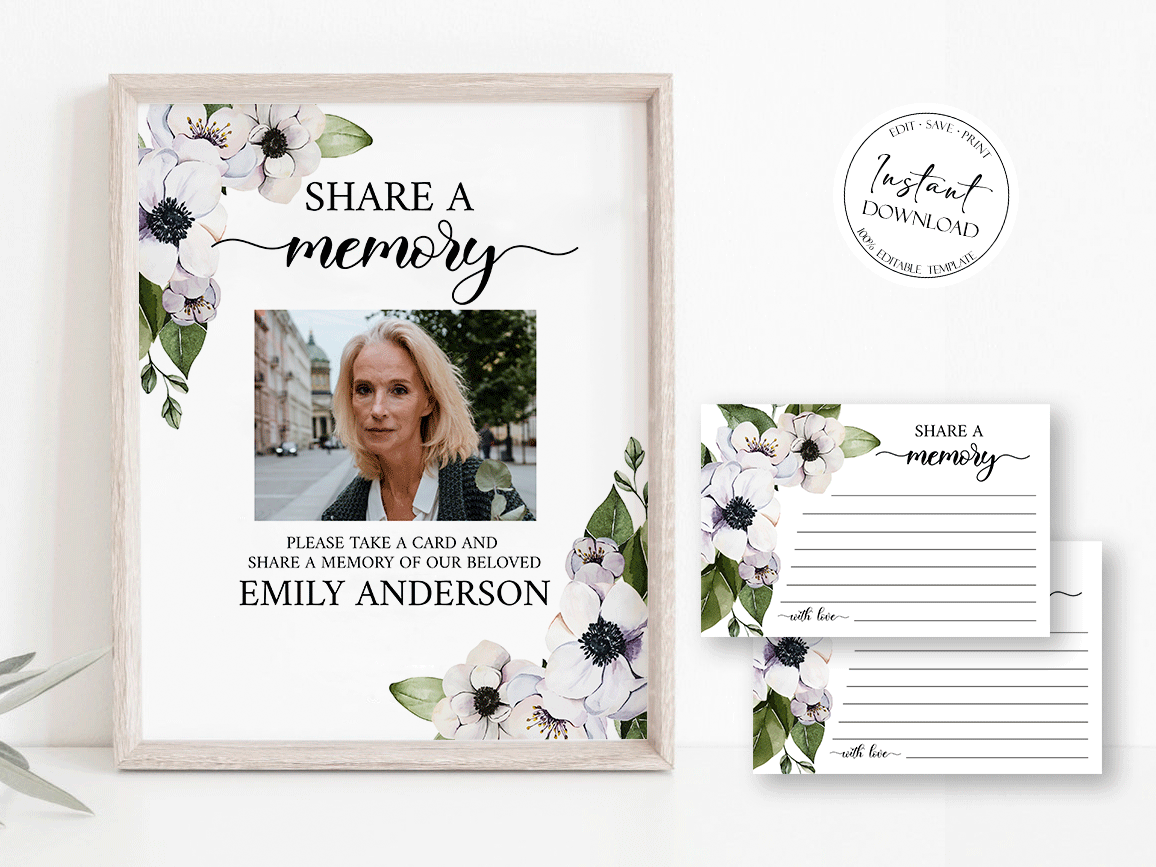 Celebration of life Purple Floral Greenery Share a Memory Funeral Sign and Share a Memory Card Template, Purple Floral Funeral Memory Card P3