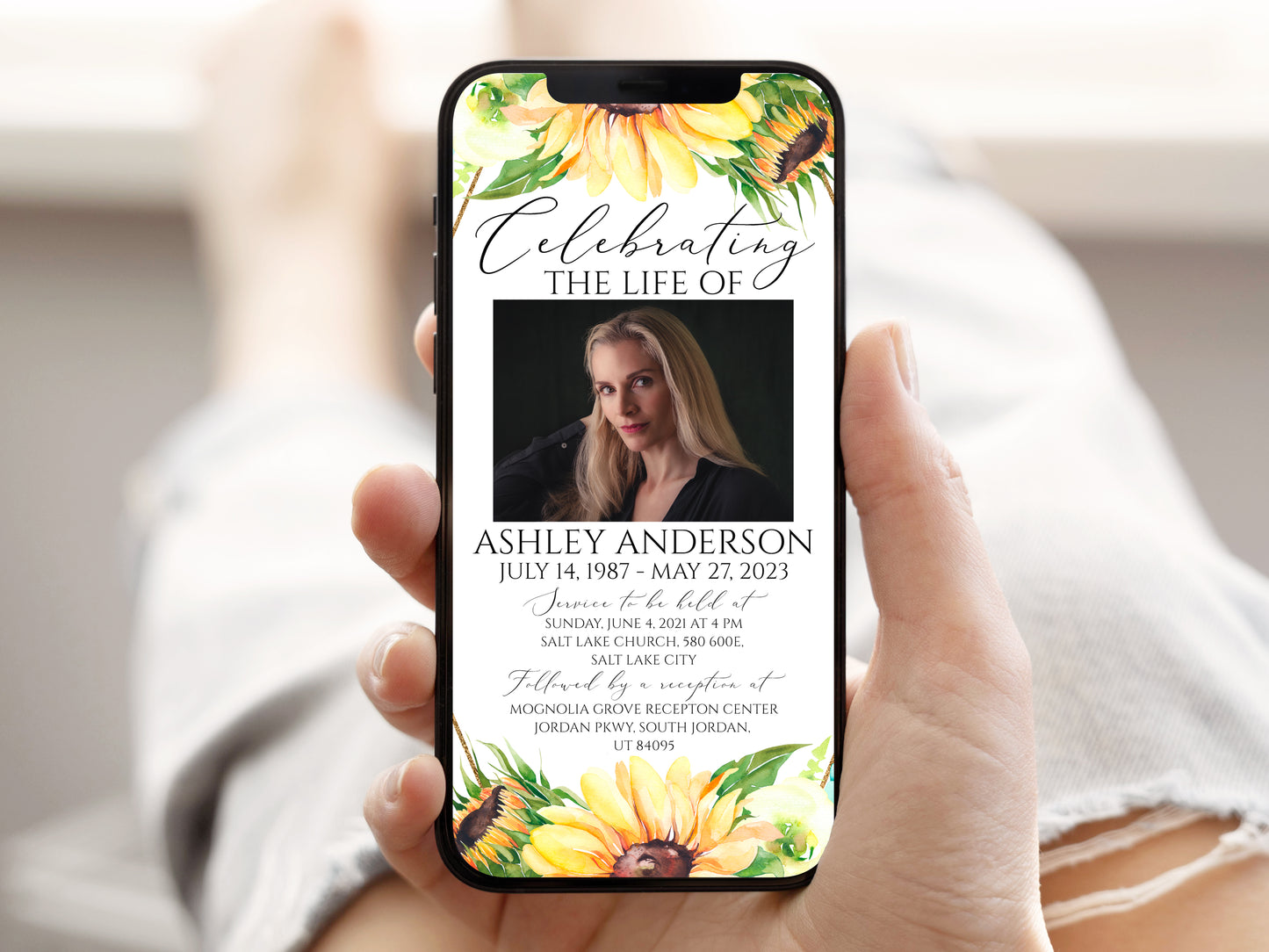 Celebration of life Sunflower Digital Funeral Invitation Template Y1