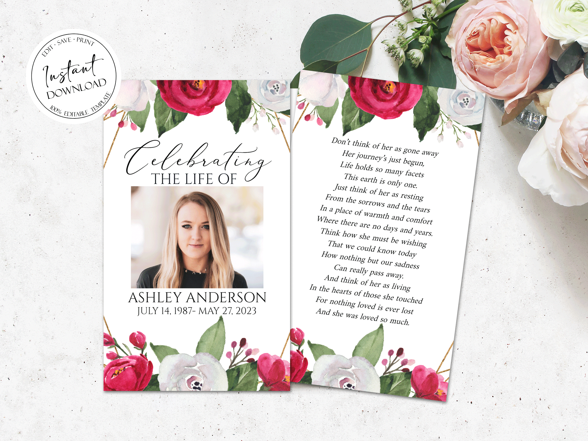 Celebration of life White Pink Roses Funeral Prayer Cards Template, Memorial Prayer Card Template, Funeral Prayer Card, Pink Roses Catholic Mass Cards, Obituary Card P2