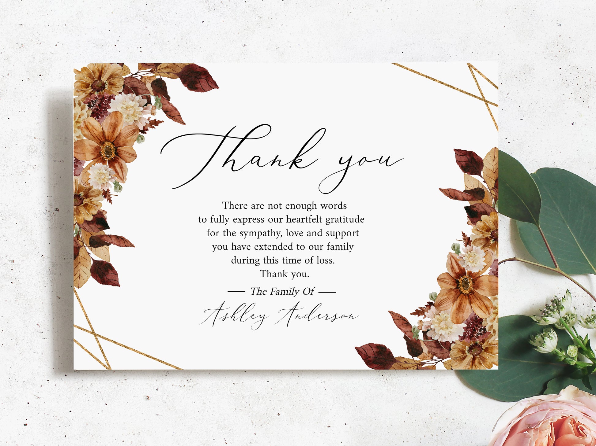 Celebration of life Orange Brown Dried Leaves Fall Funeral Thank You Card Template, Printable Memorial Thank You Card, Autumn Memorial Sympathy Thank you Cards, F3