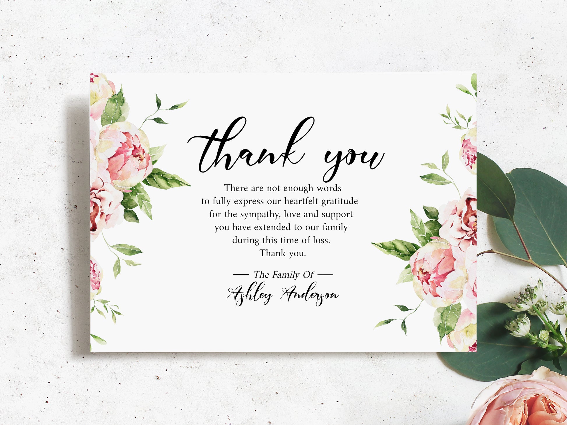 Celebration of life Blush Pink Peony Greenery Funeral Thank You Card Template  Memorial Card, Printable Thank You Card Template, Editable Sympathy Card P5