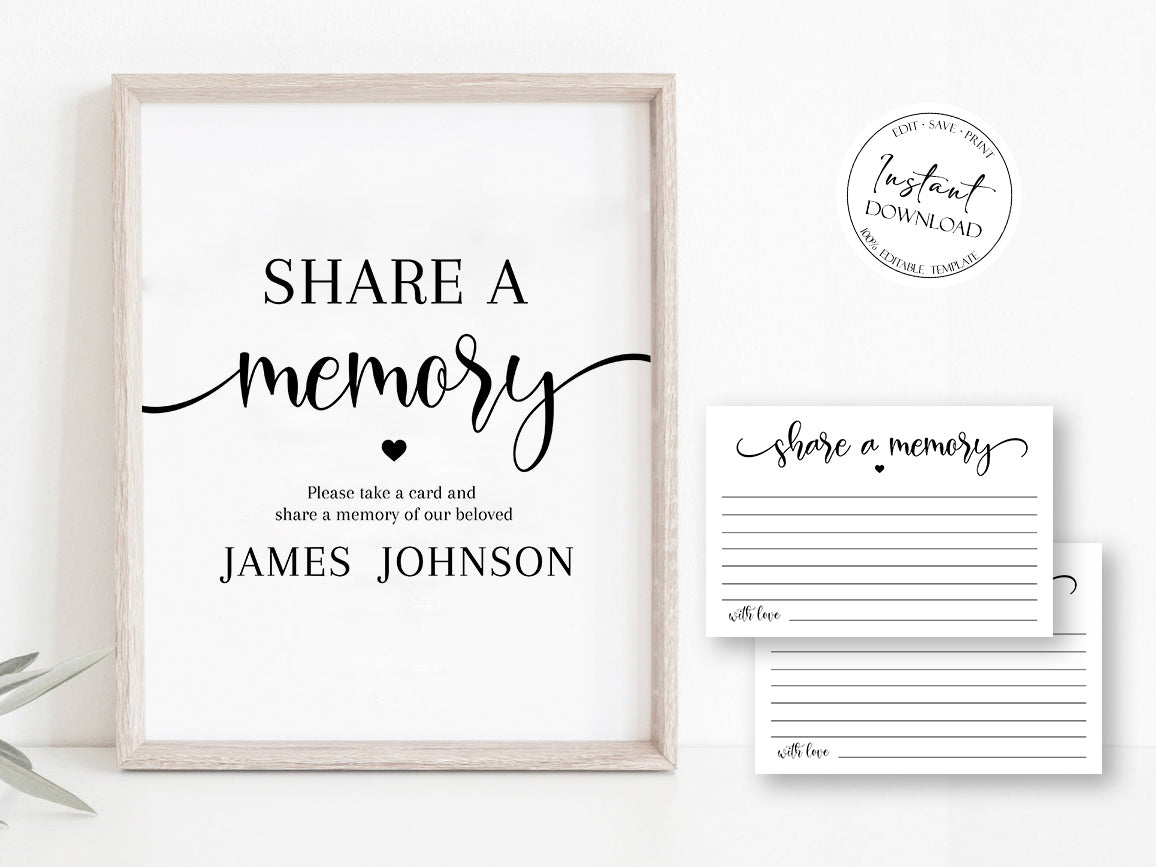 Simple Elegant Share a Memory Funeral Sign and Share a Memory Card Template Greenery Funeral Memory Card, Editable Funeral share a memory template S2