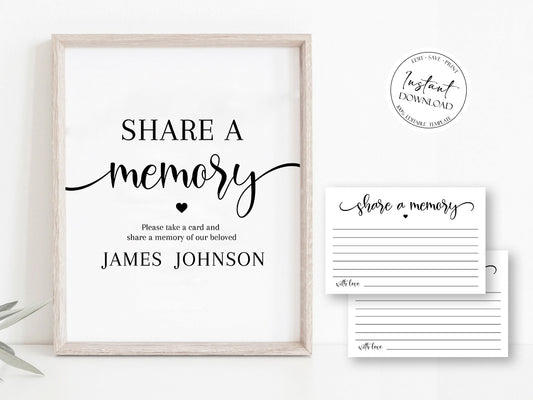 Simple Elegant Share a Memory Funeral Sign and Share a Memory Card Template Greenery Funeral Memory Card, Editable Funeral share a memory template S2