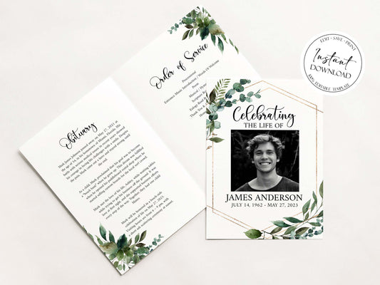 Celebration of life Watercolor Greenery Gold Funeral Program Template, Funeral Brochure, Greenery Gold Memorial Program, Obituary Program Q1