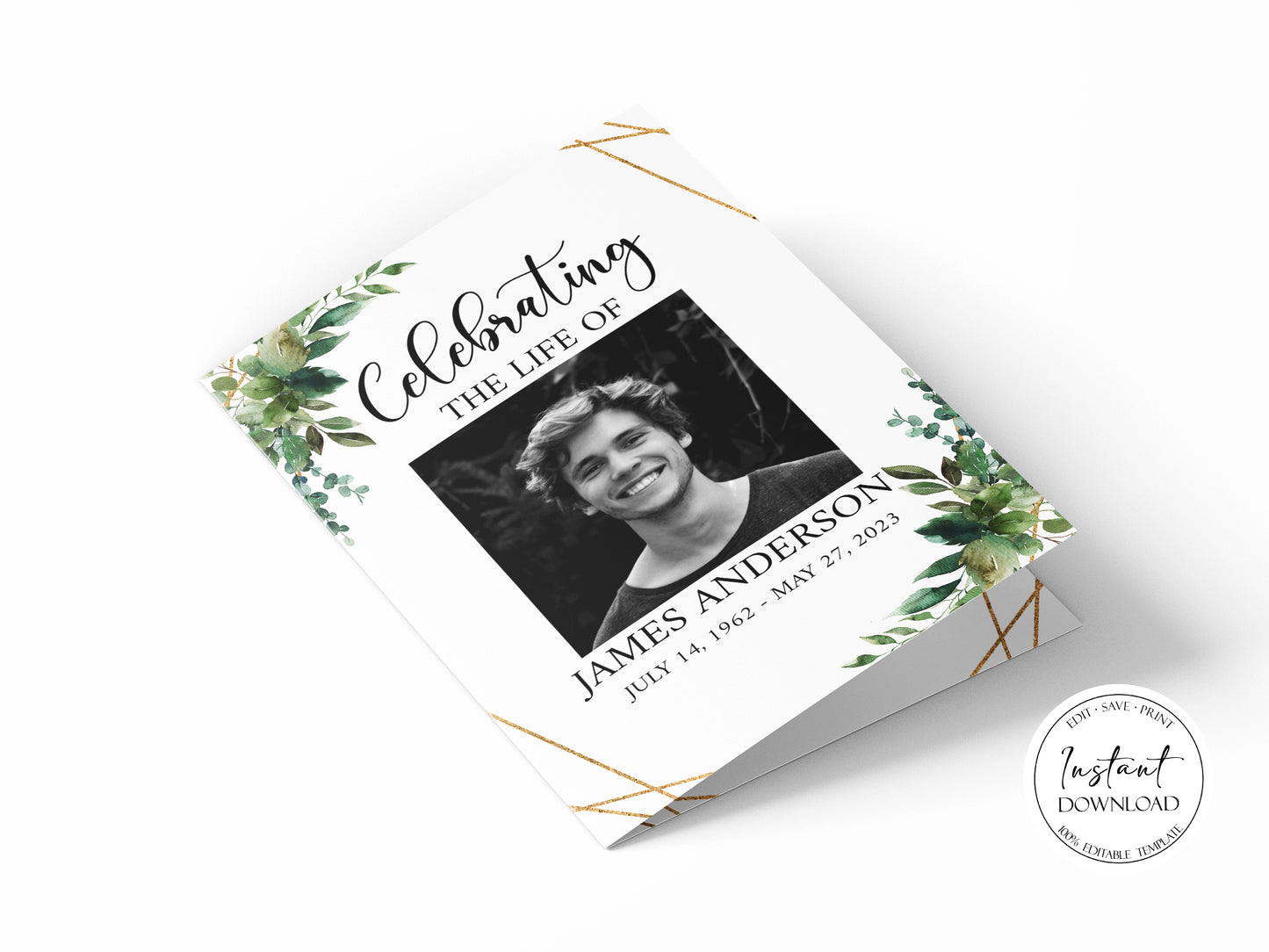 11x17 Celebration of life Watercolor Greenery Gold Funeral Program Template Q1