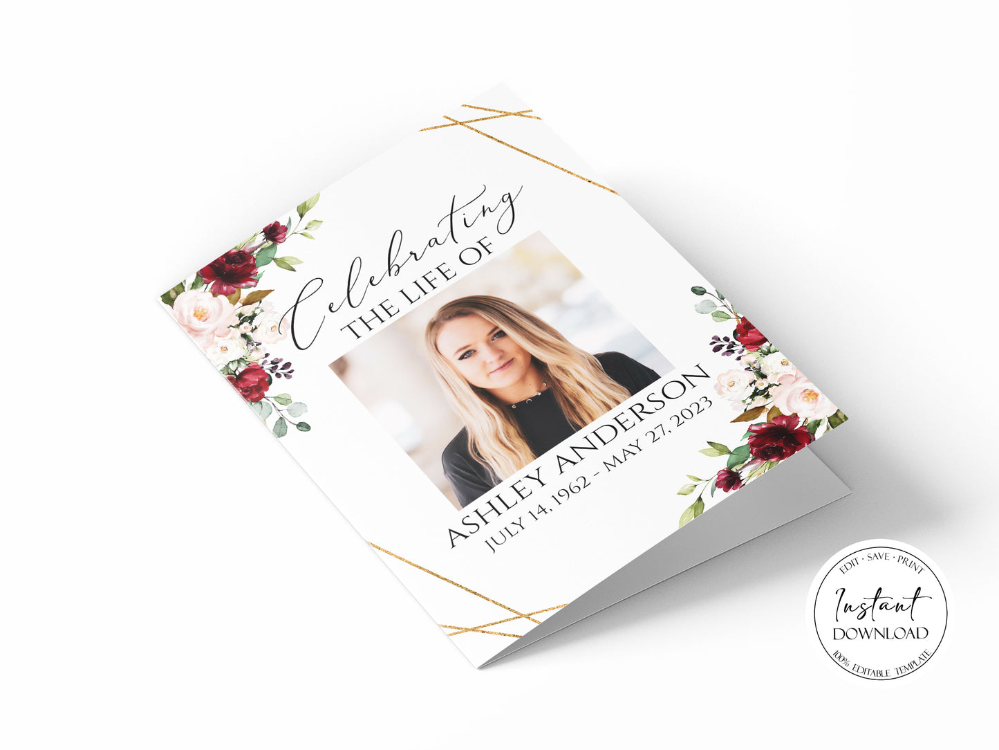 11x17 Celebration of Life Funeral Program, Red Roses Funeral Program Template, Red Roses Memorial Program, Roses Obituary Funeral Mass Program R1