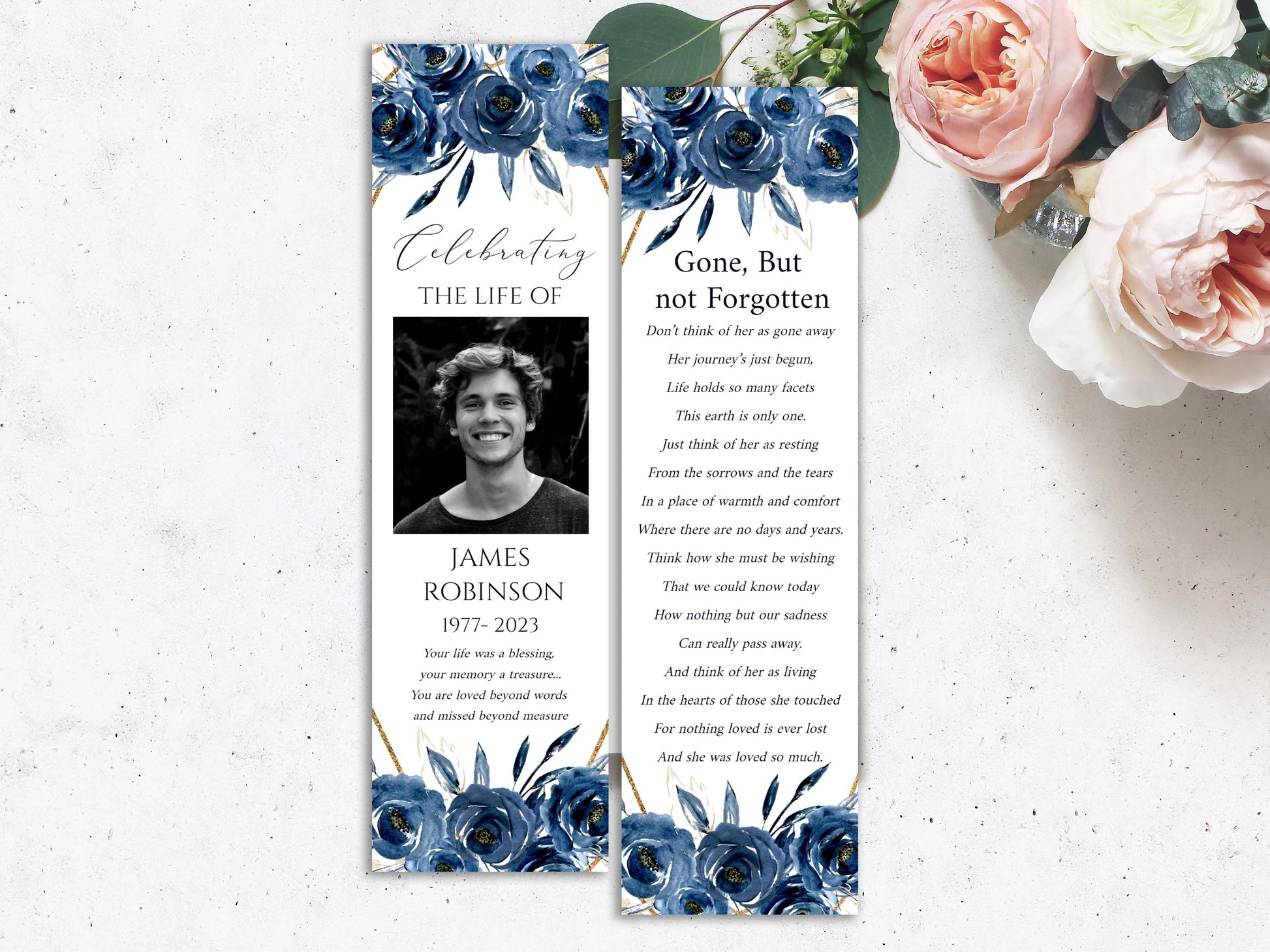 Celebration of life Royal Blue Flowers Gold Funeral Bookmark Template, Celebration of Life Bookmark, Funeral Keepsake Cards, Blue Memorial Bookmark Blue Obituary Bookmark B2