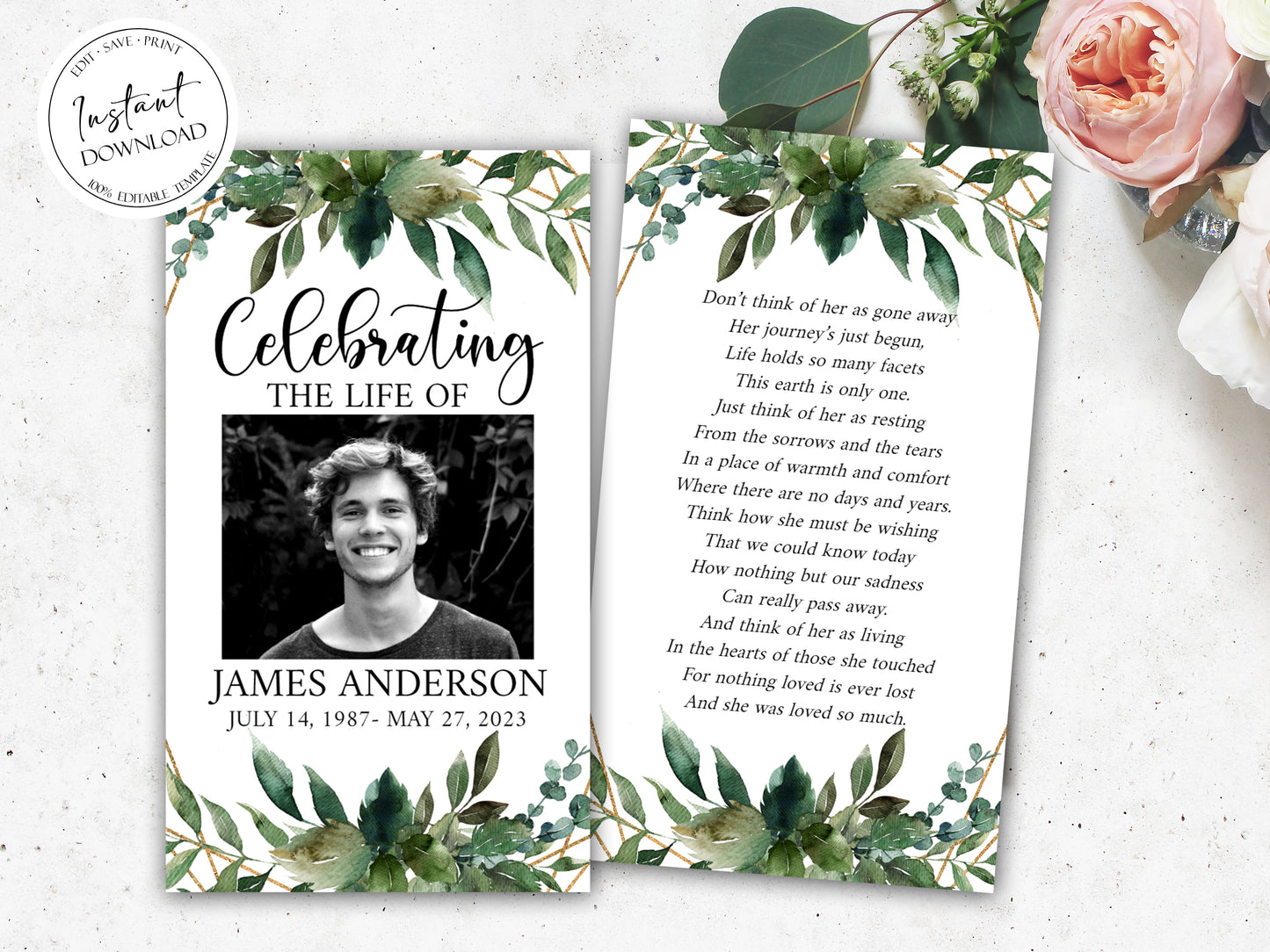 Celebration Of Life Watercolor Greenery Gold Funeral Prayer Card Template, Printable Greenery Memorial Prayer Card Template, Greenery Funeral Prayer Card Green Catholic Prayer Cards Q1