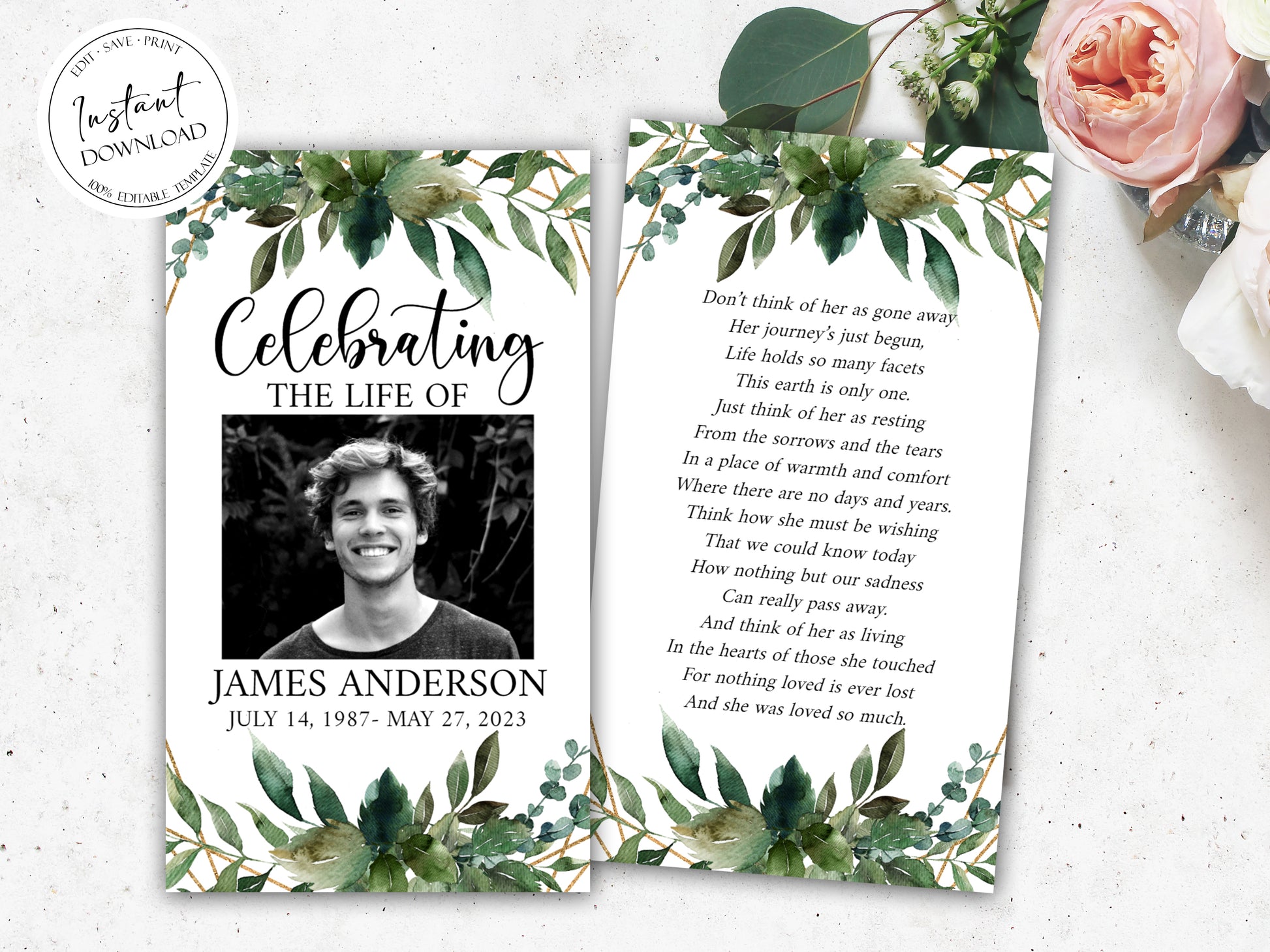 Celebration Of Life Watercolor Greenery Gold Funeral Prayer Card Template, Printable Greenery Memorial Prayer Card Template, Greenery Funeral Prayer Card Green Catholic Prayer Cards Q1