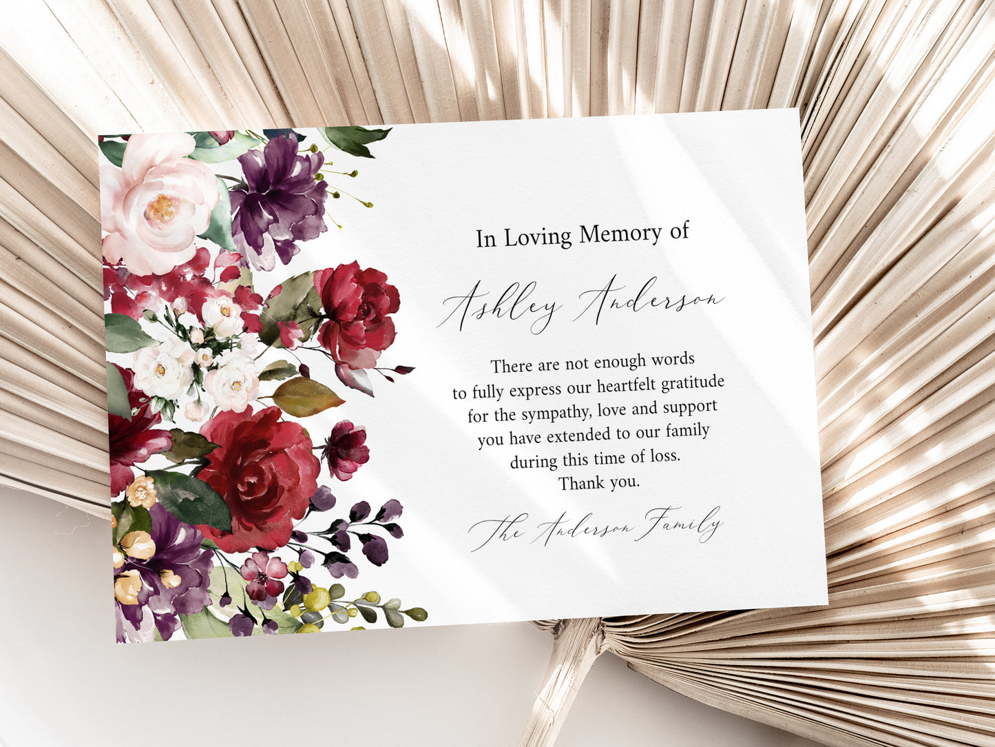 In Loving Memory Red Roses Funeral Thank You Card Template R1