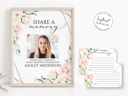 Share a Memory Funeral Sign Share a Memory Cards, Pink Roses Funeral Memory Cards, Editable Blush Funeral Share a Memory, Memorial Sign P4