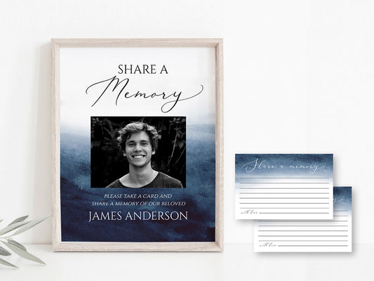 Blue Watercolor Share a Memory Funeral Sign Share a Memory Card, Funeral Memory Card, Editable Ocean Funeral share a memory template