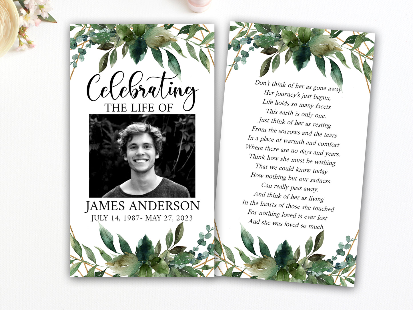 Celebration Of Life Watercolor Greenery Gold Funeral Prayer Card Template, Printable Greenery Memorial Prayer Card Template, Greenery Funeral Prayer Card Green Catholic Prayer Cards Q1