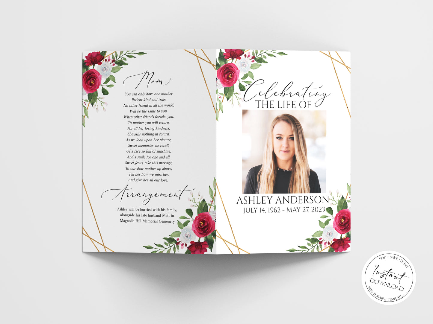 11x17 Celebration of life White Pink Roses Gold Funeral Program Template, White Pink Roses Funeral Program, Memorial Program, Obituary Program, Funeral Mass Program P2