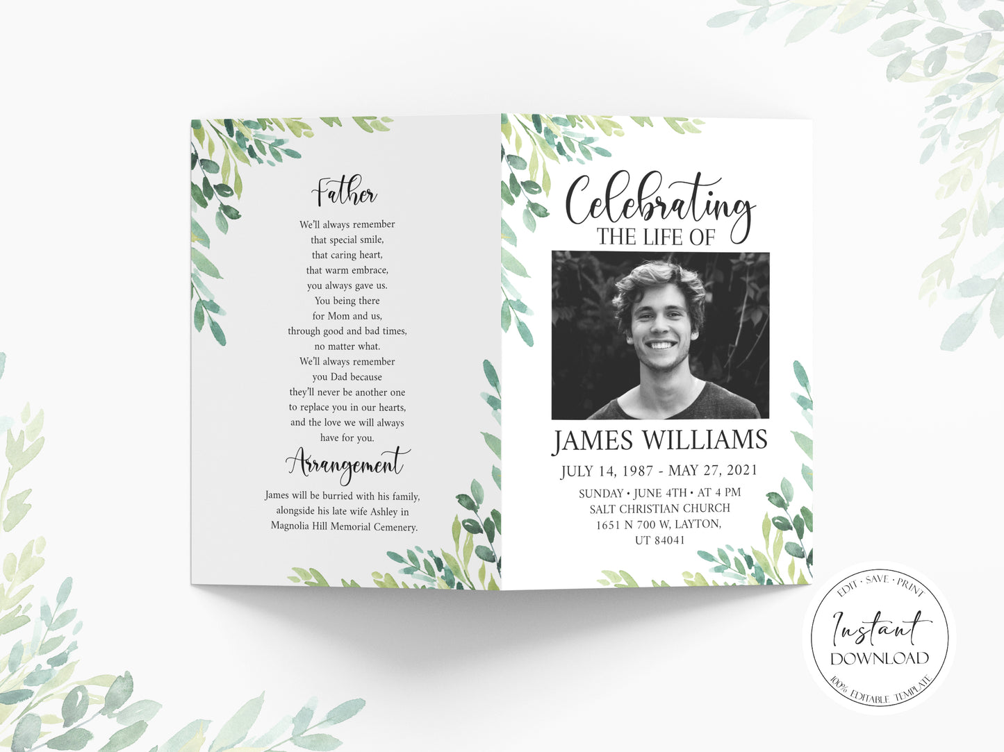 11x17 Celebration of life Watercolor Greenery Funeral Program Template G2, Template Memorial Program, Funeral Brochure, Obituary Program, Editable Funeral Program Template