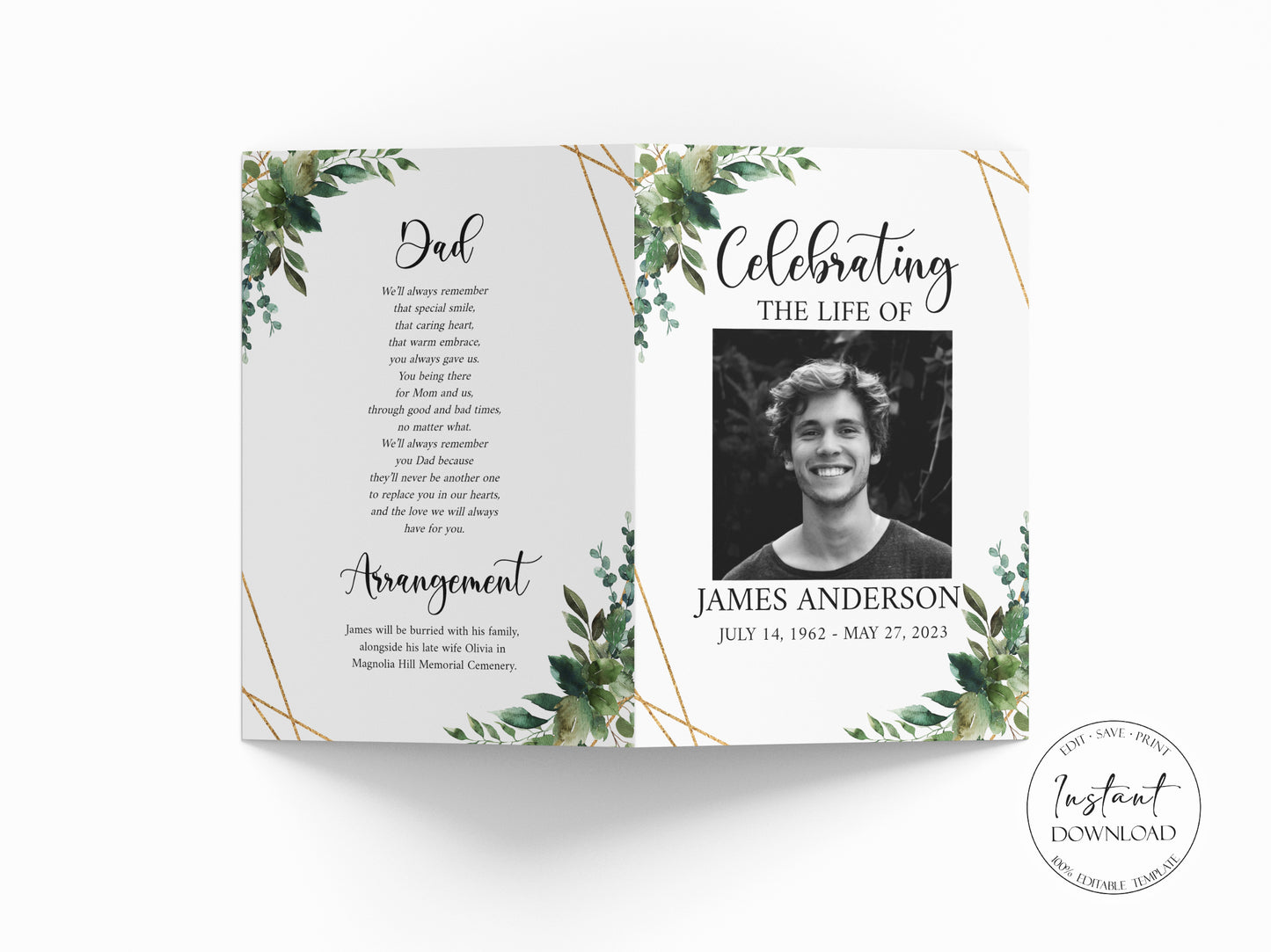 11x17 Celebration of life Watercolor Greenery Gold Funeral Program Template Q1