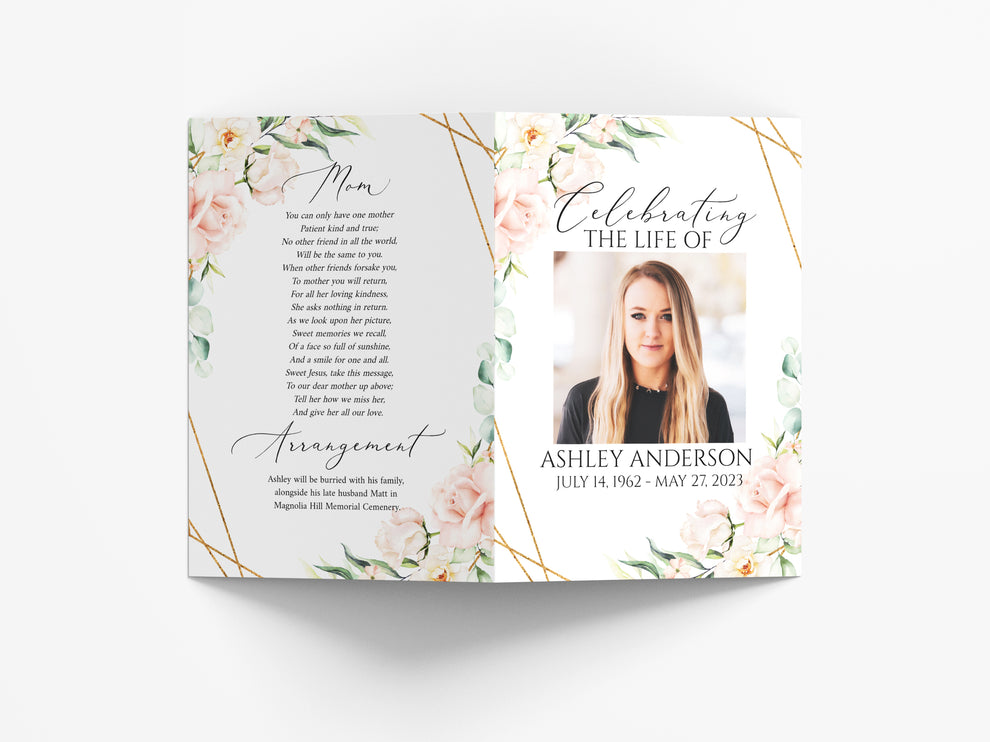 11x17 Celebration of life Blush Pink Roses Funeral Program Template P4 ...