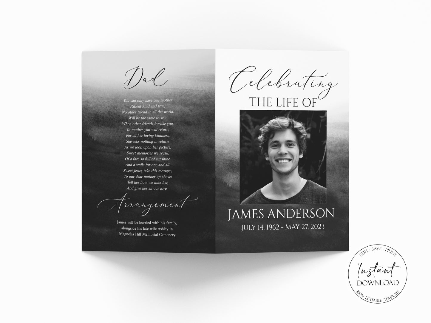 Celebration of Life 8 Page Black Watercolor Funeral Program Template, Black Watercolor Funeral Memorial Program, Obituary Program Template