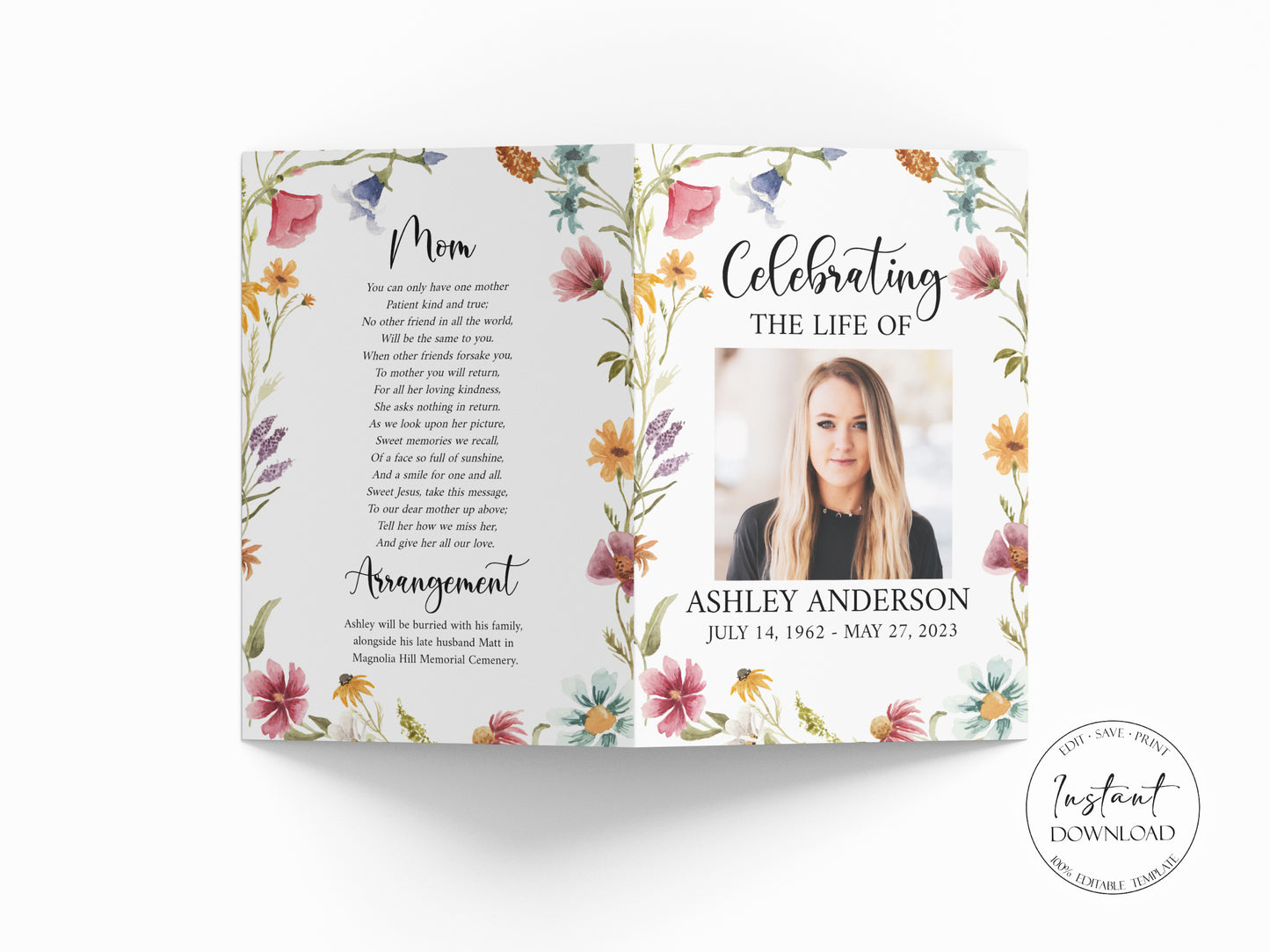 11x17 Celebration of life Red Greenery Wildflower Meadow Funeral Program Template Wildflower Funeral Program Template, Wildflower Memorial Program 