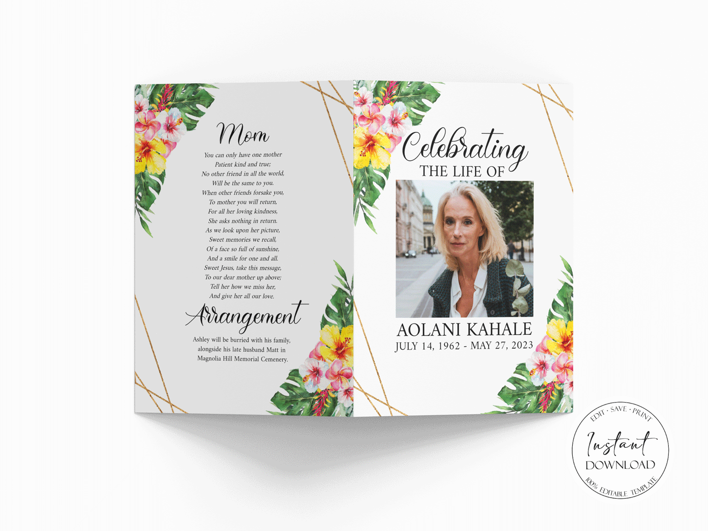 Celebration of Life 8 Page Tropical Hawaiian Plumeria Funeral Program Template H1