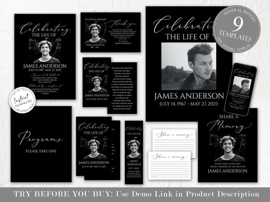 Editable Celebration Of Life Minimalist Elegant Black Funeral Bundle Set, In Loving Memory Suite, Funeral Templates Bundle, Black Simple Elegant Funeral