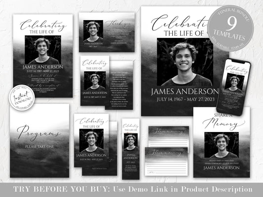 Celebration of Life Black Watercolor Funeral Bundle Templates, Black Memorial Package, Celebration of Life Package, In Loving Memory Suite, Black Funeral Set