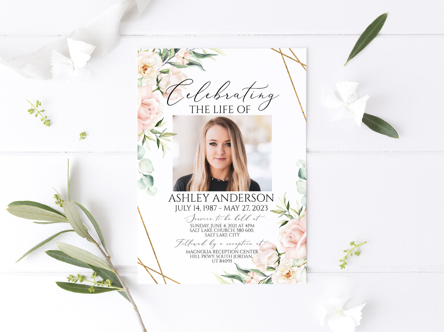 Celebration of life Invitation, Blush Pink Roses Funeral Invitation, Funeral Announcement Funeral Card Template Printable Memorial Invite P4