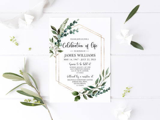 Celebration of life Watercolor Greenery Gold Funeral Invitation Template, Funeral Announcement Funeral Card Template, Memorial Service Invitation Q1