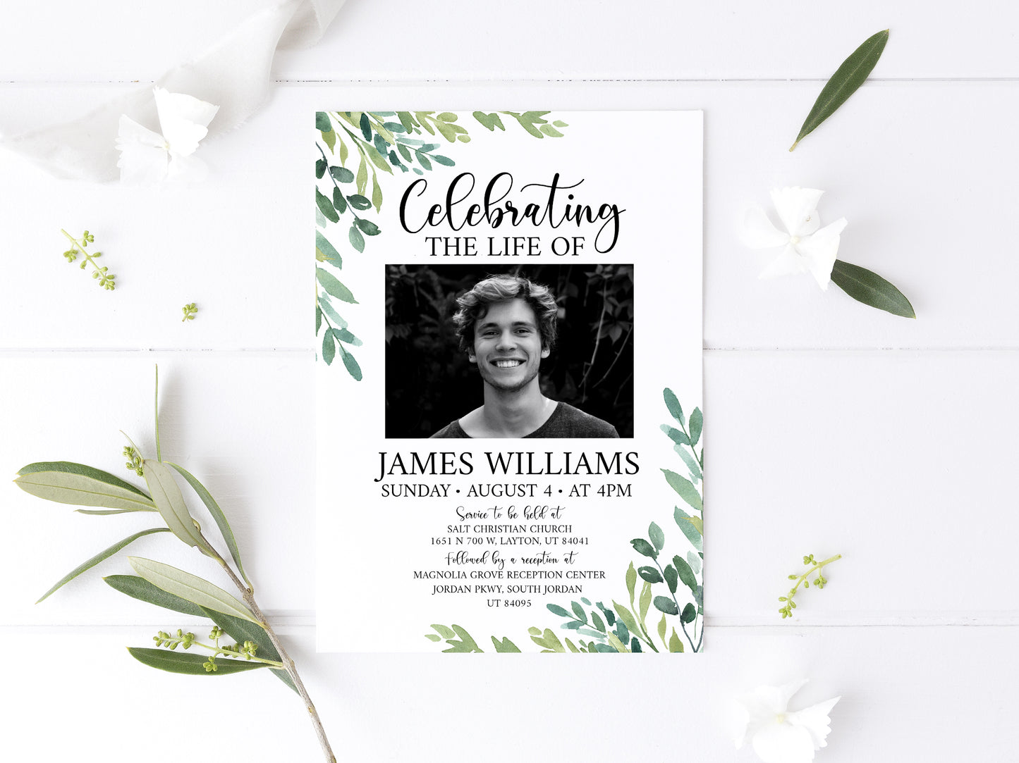 Celebration of life Watercolor Greenery Funeral Invitation Template, Funeral Announcement, Funeral Cards Template, Printable Greenery Memorial Invitation G2