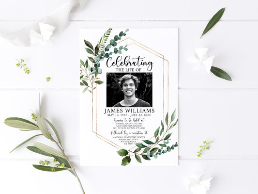 Celebration of life Watercolor Greenery Gold Funeral Invitation Template, Funeral Announcement Funeral Card Template, Memorial Service Invitation Q1