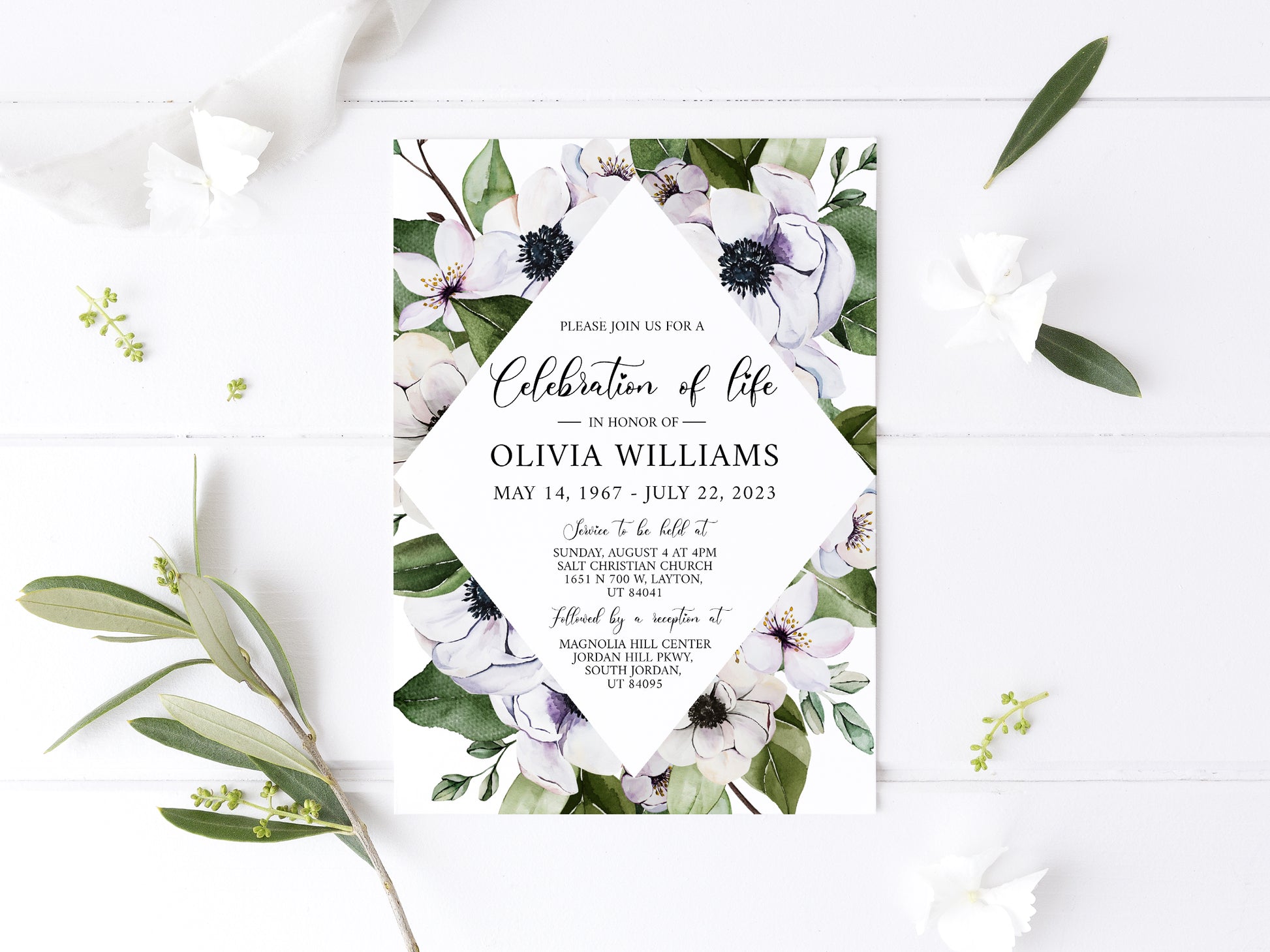 Celebration of life Purple Floral Greenery Funeral Invitation Template, Greenery Funeral Announcement, Funeral Card Template, Printable Memorial Service Invitation