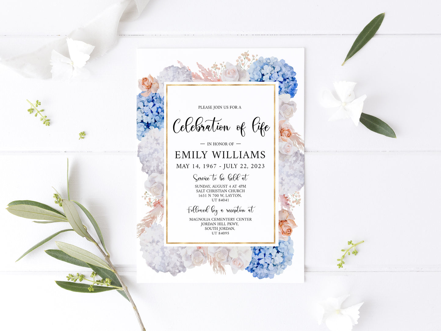 Celebration of life Blush Roses White Blue Hydrangea Funeral Invitation Template O1