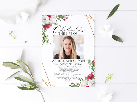 Celebration of life White Pink Roses Funeral Invitation, Funeral Announcement, White Pink Roses Funeral Cards, Printable Memorial Invite P2