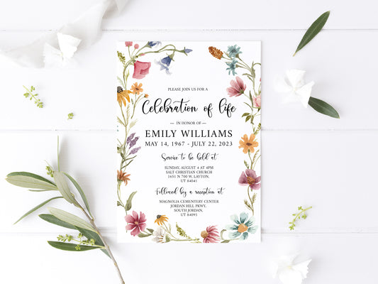 Celebration of life Red Greenery Wildflower Meadow Funeral Invitation Template, Wildflower Funeral Announcement, Printable Wildflower Memorial Invite