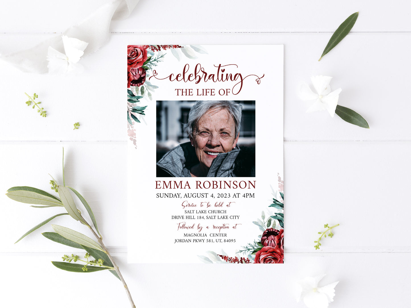 Celebration of life Burgundy Red Roses Funeral Invitation Template R2