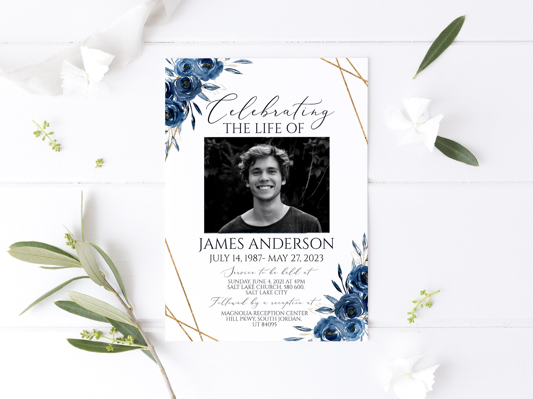 Celebration of life Royal Blue Flowers Gold Funeral Invitation Templat ...