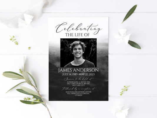 Celebration of life Black Watercolor Funeral Invitation Template, Funeral Announcement for men, Printable Black Watercolor Memorial Service Invitation B6