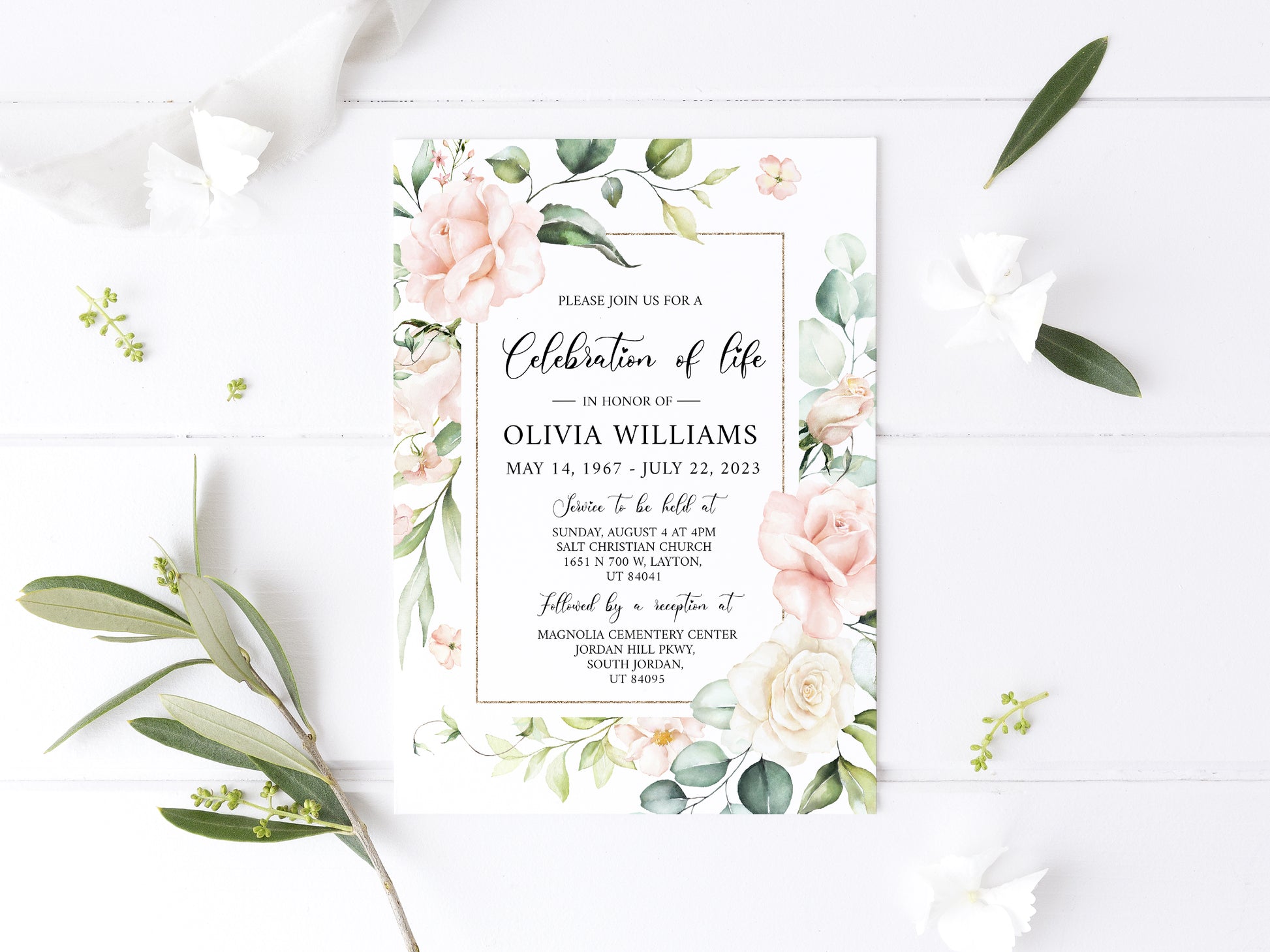 Celebration of life Invitation, Blush Pink Roses Funeral Invitation, Funeral Announcement Funeral Card Template Printable Memorial Invite P4