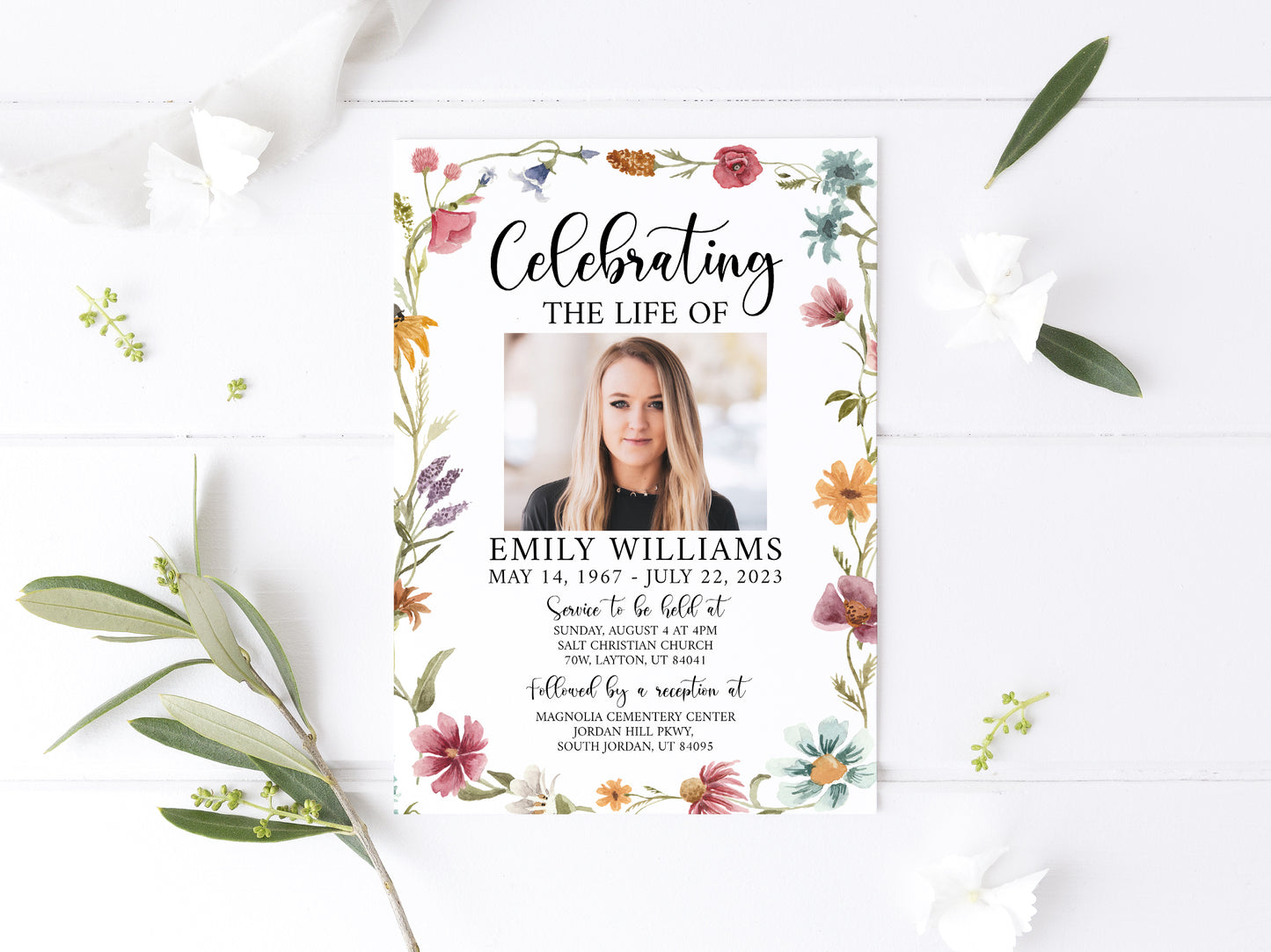 Celebration of life Red Greenery Wildflower Meadow Funeral Invitation Template Wildflower Funeral Announcement, Printable Wildflower Memorial Invite