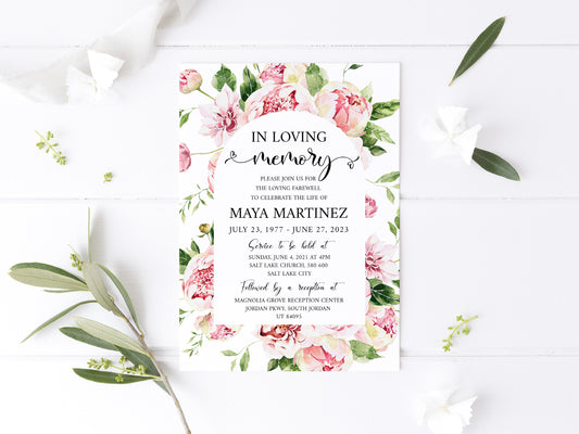 Celebration of life Blush Pink Peony Greenery Funeral Invitation Template, Funeral Announcement, Funeral Card Template, Printable Pink Floral Memorial Invite P5