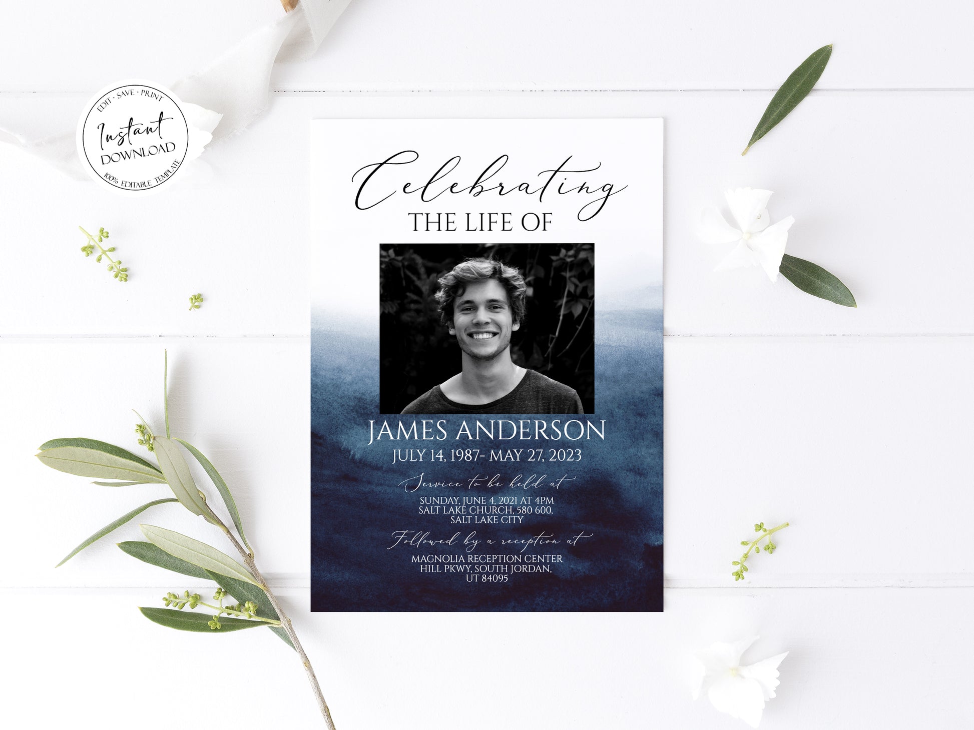 Celebration of life Blue Watercolor Funeral Invitation Template, Funeral Announcement for men, Printable Ocean Watercolor memorial service